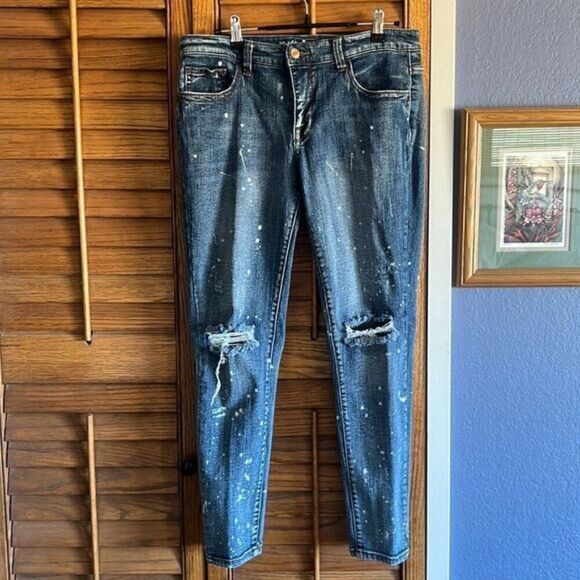 Mossimo Cropped Distressed Bleach Spattered Mid-rise Skinny Jeans 12 - Picture 1 of 11